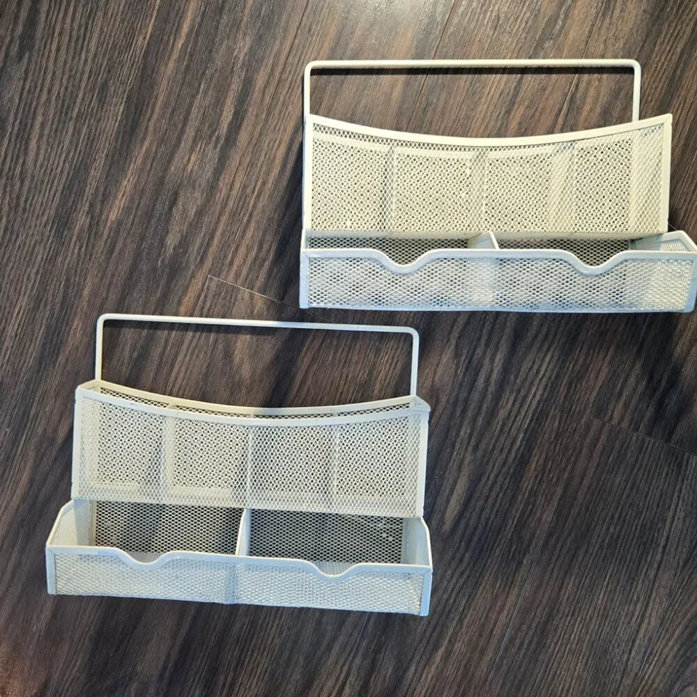 Set of Two Cream-Colored Metal Mesh Hanging or Freestanding Organization Baskets
